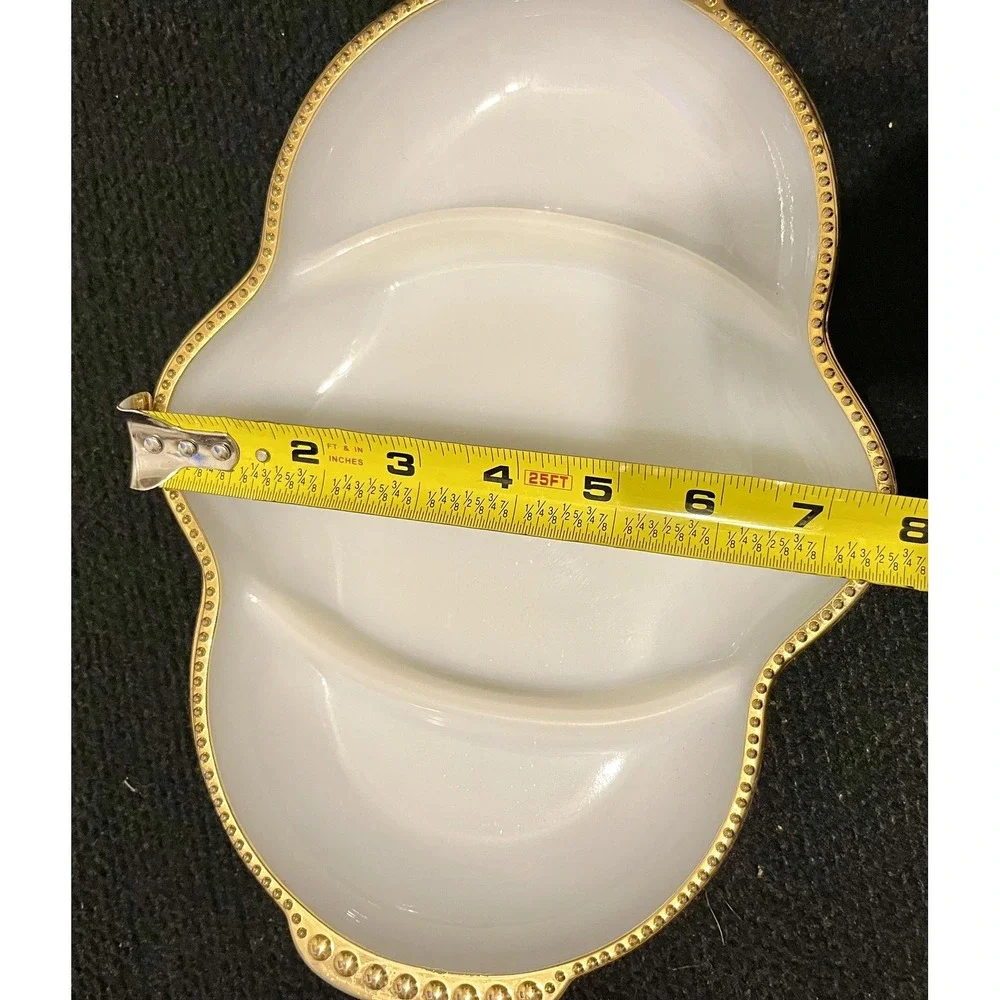 Fire King Milk Glass‎ 3 Section Divided Relish Serving Dish Gold Beaded Edge